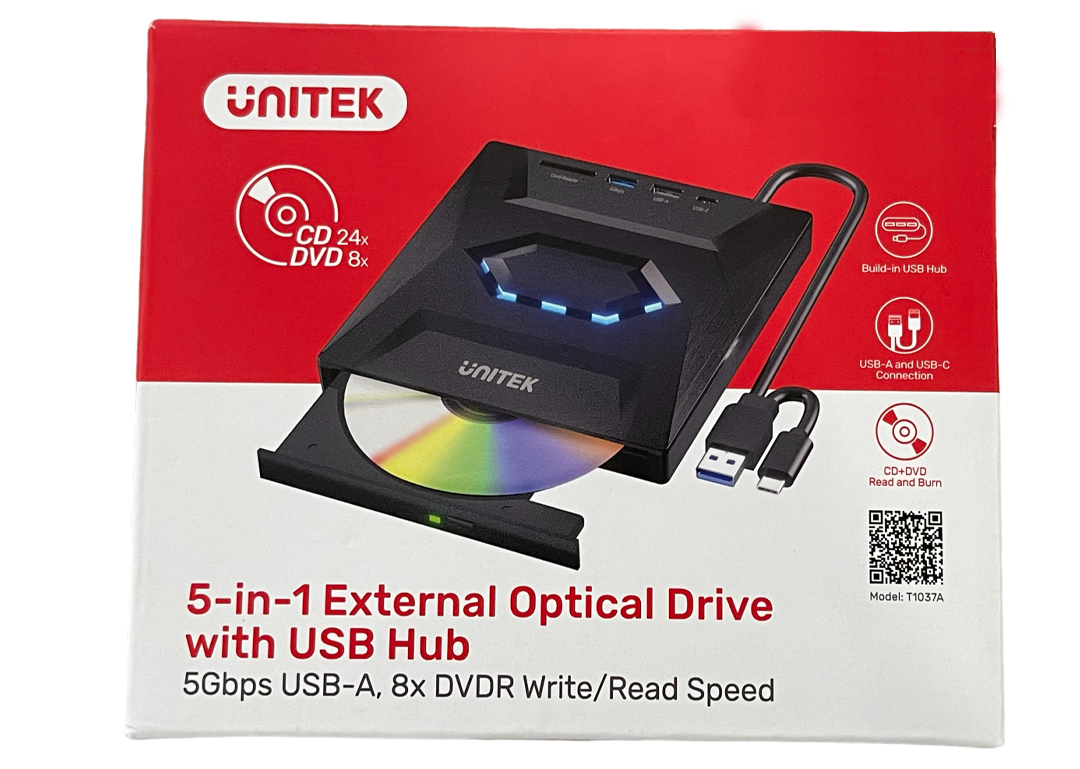 Ổ Đĩa Quang Ngoài 5 Trong 1 Có Hub USB UNITEK T1037A – Hàng Chính Hãng