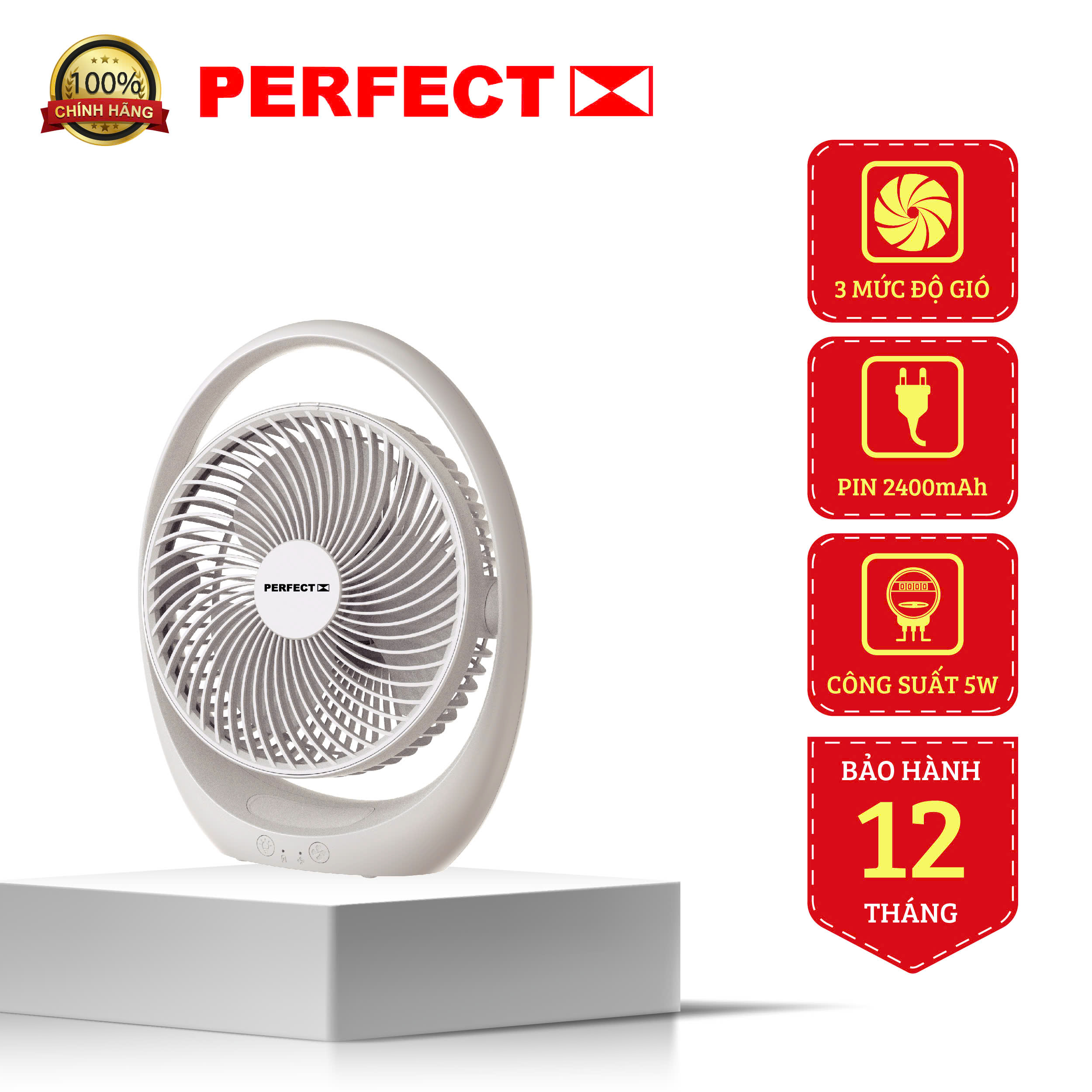 QUẠT ĐỂ BÀN CÓ SẠC TÍCH ĐIỆN ĐÈN LED EERFECT PF-QB2180 công suất 5w bảo hành 6 tháng- Hàng chính hãng