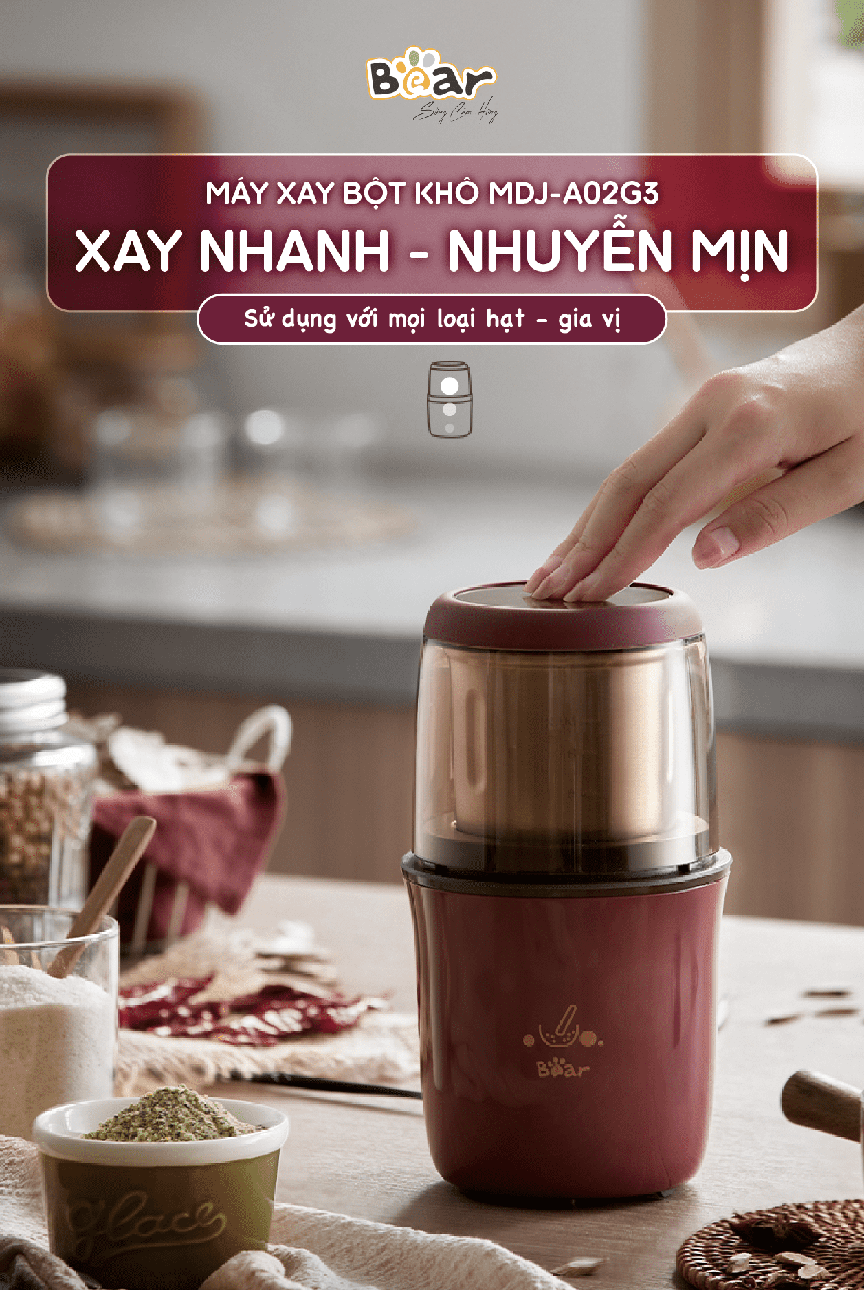 Máy Xay Cà Phê, Máy Xay Hạt Thực Phẩm Khô Đa Năng BEAR MDJ – A02G3 Chế Độ Xay Cực Êm Dung Tích 200 ML Công Suất 200 W- Hàng Chính Hãng