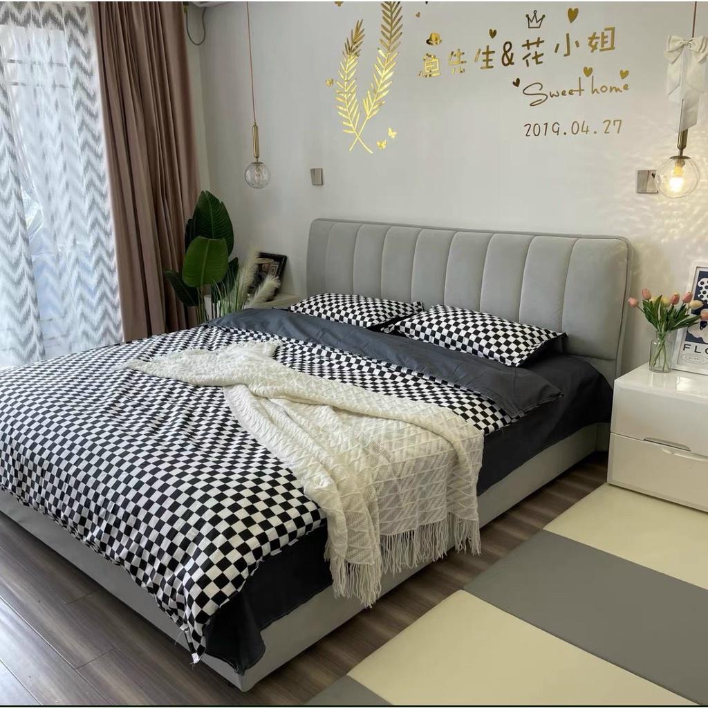 Bộ chăn ga gối Cotton poly M2T Bedding, vỏ chăn mền, drap ga giường và 2 vỏ gối - PL Bàn cờ vua đen nhỏ