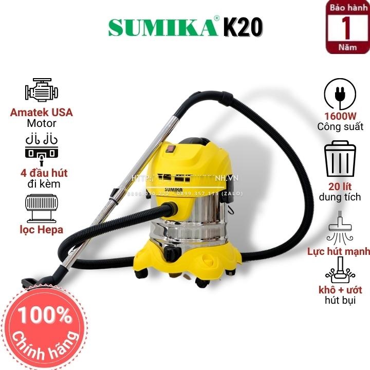 Máy hút bụi công nghiệp Sumika K20 - dung tích 20 lít - công suất 1600W - hút bụi khô - ướt - hàng chính hãng