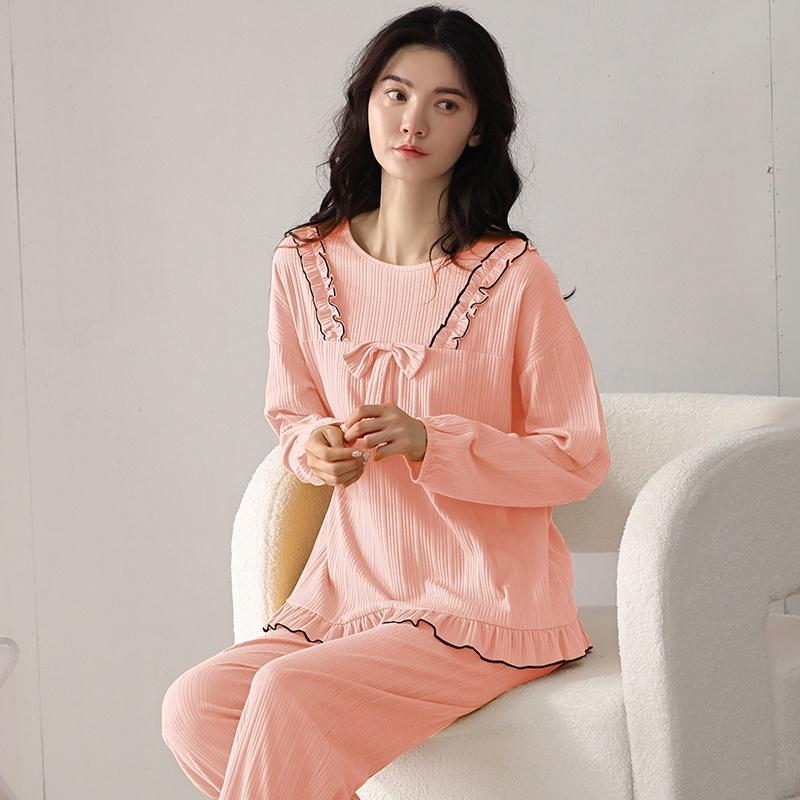 Đồ bộ Thu Đông nữ mới nhất, vải cotton 100% mềm mại thoáng khí, màu hồng tôn da, họa tiết và thiết kế độc