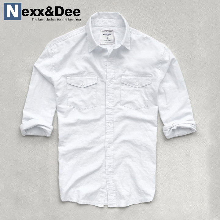Áo sơ mi nam tay dài hai túi công sở màu trắng vải oxford denim cao cấp NS035