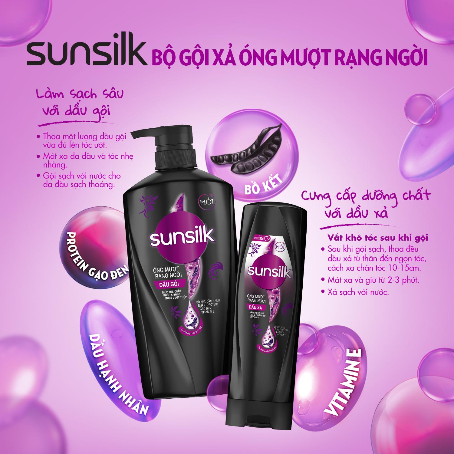 Dầu gội Sunsilk Óng Mượt Rạng Ngời 1.4kg giúp tóc chắc khoẻ, bóng mượt với Bồ Kết, dầu Hạnh Nhân, Protein Gạo Đen và Vitamin E