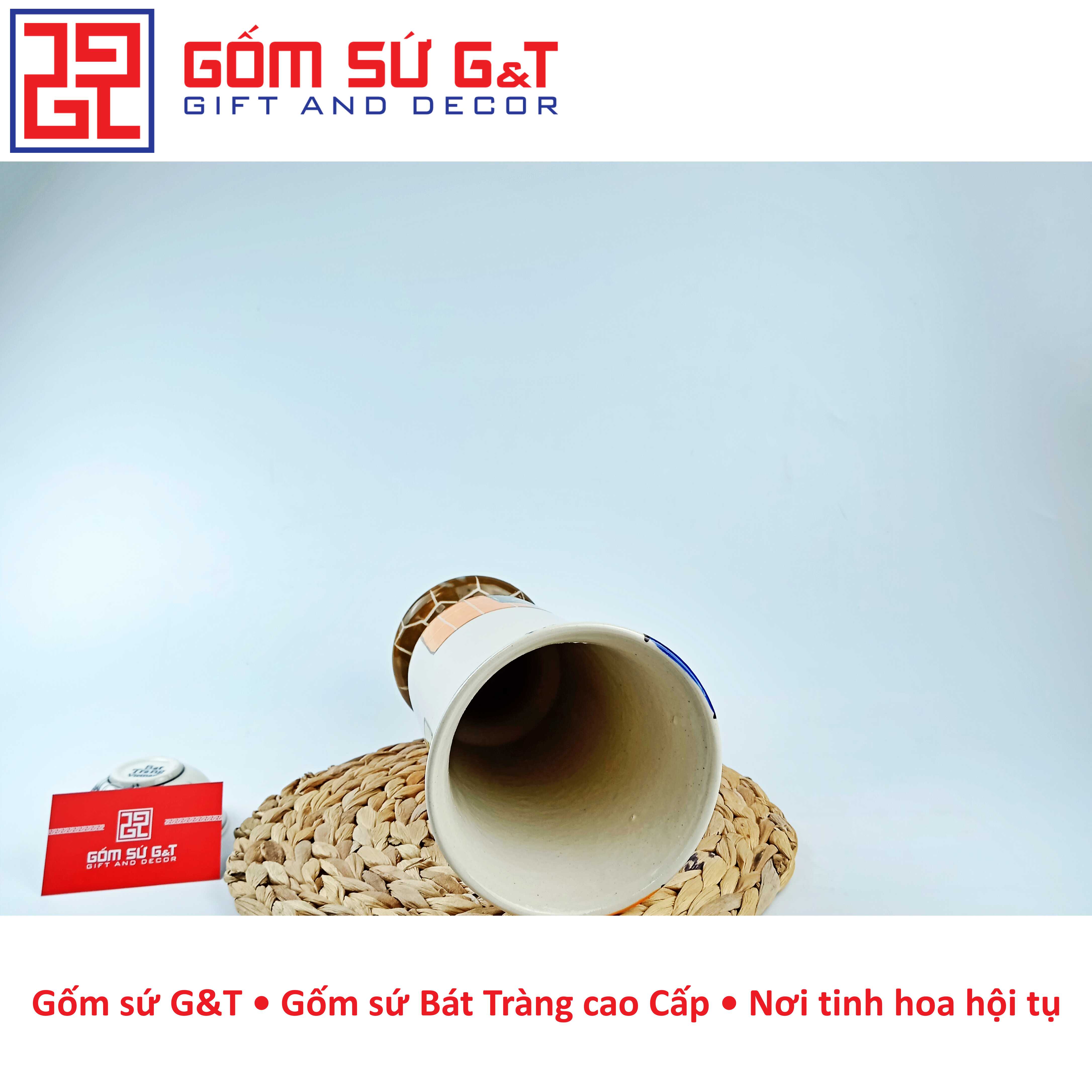Lọ hoa trang trí dáng chân ly thấp khắc chuồn Gốm Sứ G&T