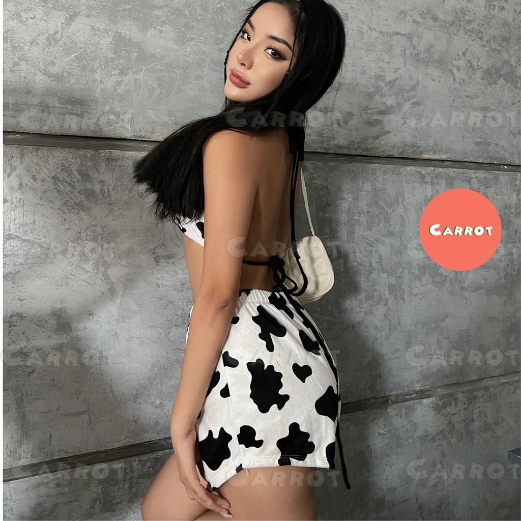 Quần đùi nhung bò sữa áo ngực bra đốm bò sữa cột cổ chất nhung cao cấp freesize carrotxinhdep cá tính năng động dễ thươn