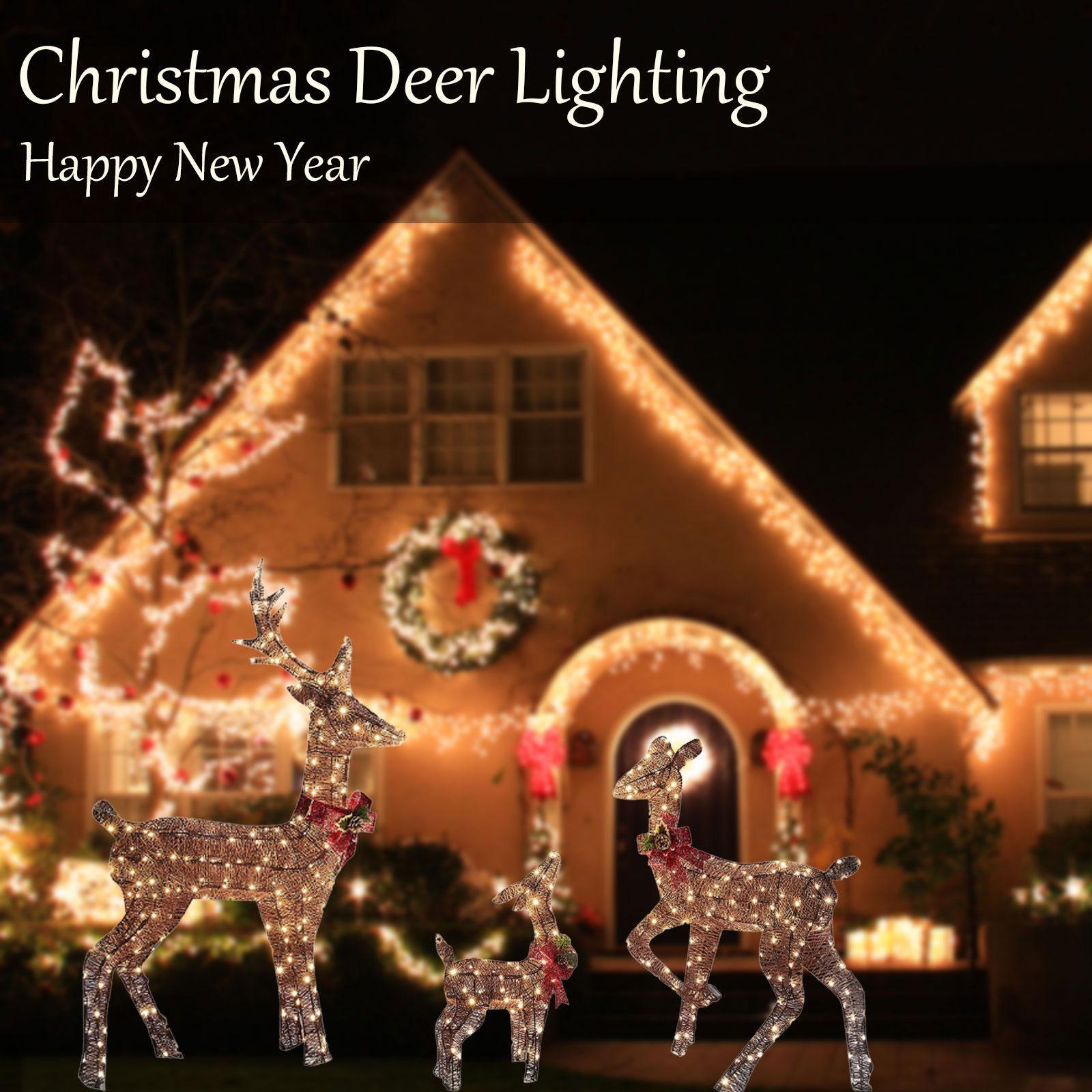 Christmas Lighted Reindeers Decor with Red Bow Ornament Props for Yard Lawn