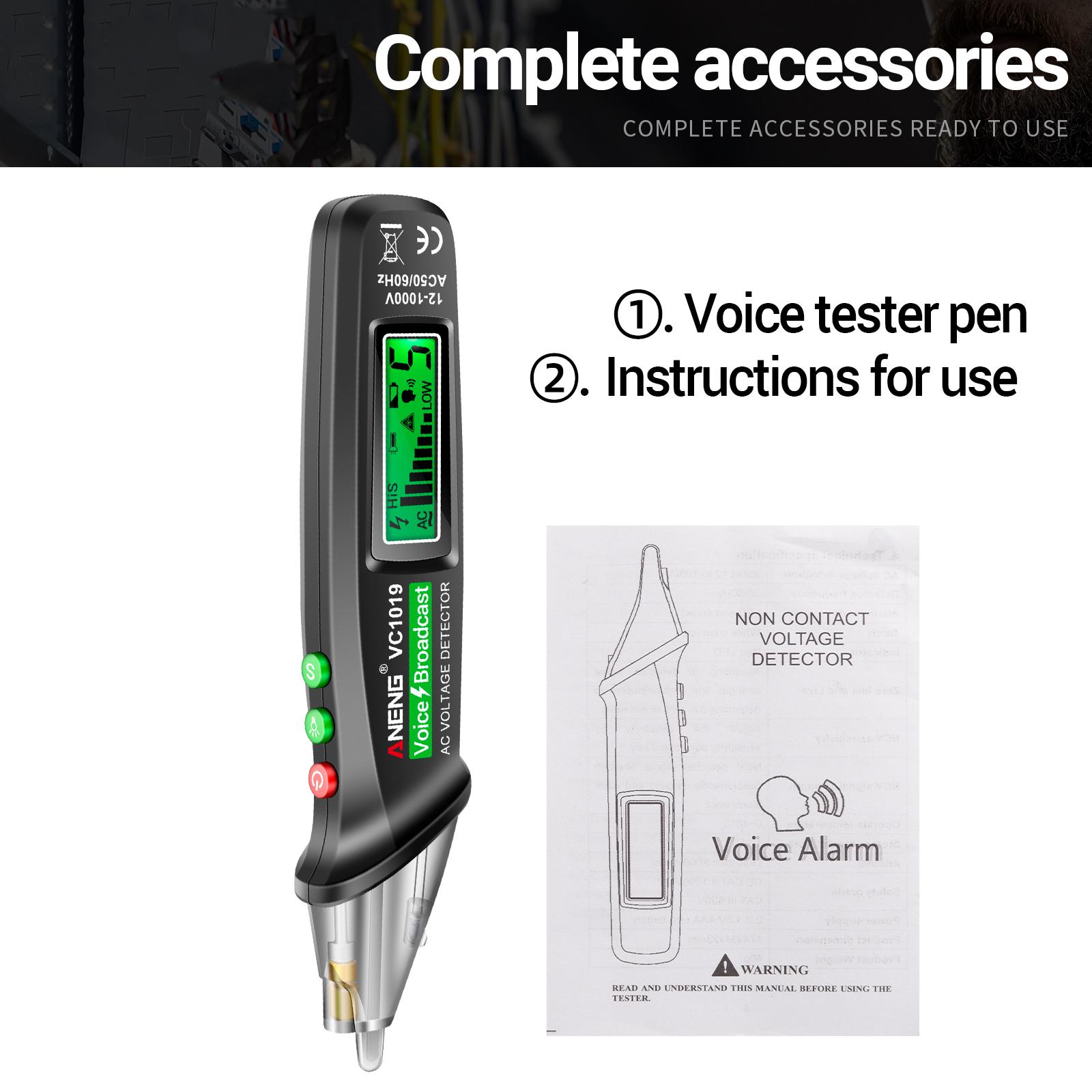 ANENG VC1019 LCD Digital Test Pen Non-contact Voice Broadcast Tester Pen Sensitivity Adjustable with Laser Indicator Sound/Light Alarm Flashlight