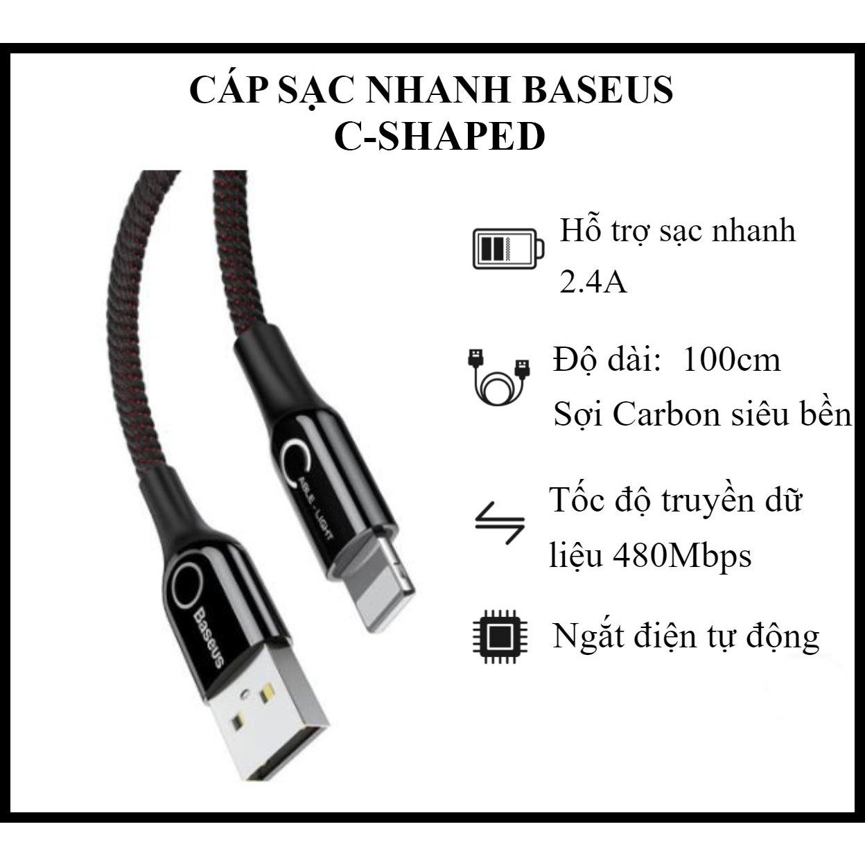 Cáp Sạc Nhanh Baseus C-shaped Intelligent 2.4A  - Dùng Cho iPhone iPad - Tự Ngắt Thông Minh - Trang Bị Đèn Led - Chất Liệu Sợi Carbon siêu bền - Hàng Chính Hãng