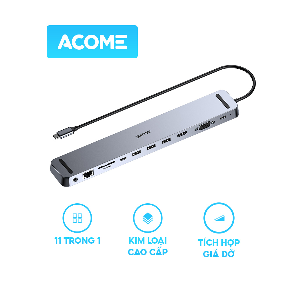 HUB Type-C ACOME AHT900 Chuyển Đổi Đa Năng 11 IN 1 Tốc Độ Cao Cổng USB, SD/Micro, PD Type-C - Hàng Chính Hãng