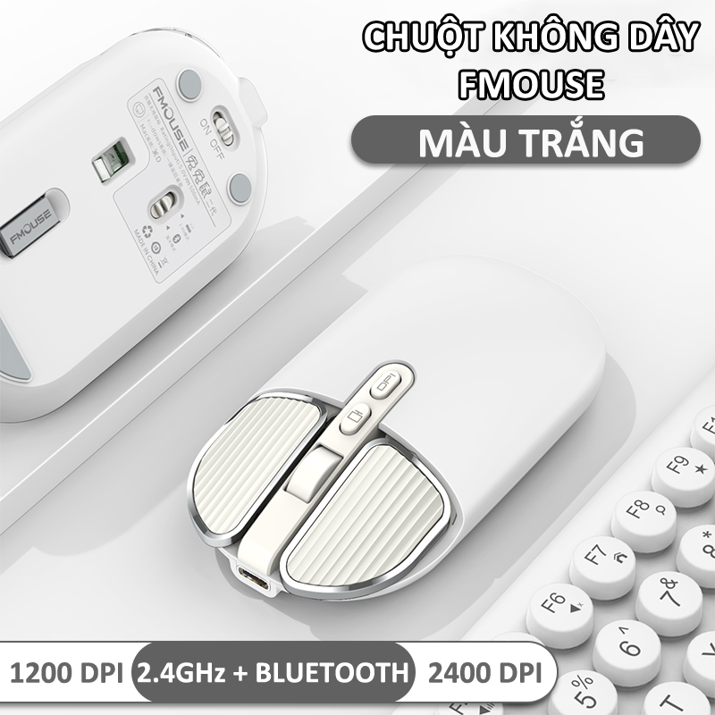 Chuột không dây FMOUSE M203 sạc pin siêu mỏng kết nối bluetooth và chip USB 2.4GHz dùng cho pc, laptop, tivi, điện thoại - Hàng Chính Hãng