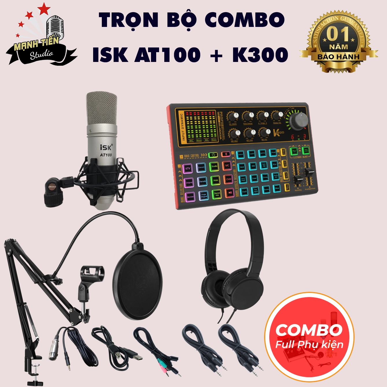 Bộ Combo livestream Micro ISK AT100 Sound card K300 - Kèm full phụ kiện kẹp micro, màng lọc, dây livestream ma1, tai nghe chụp tai - Thu âm, livestream, karaoke online 3 điện thoại cùng lúc - Kết nối đơn giản, hát cực hay - Hàng nhập khẩu