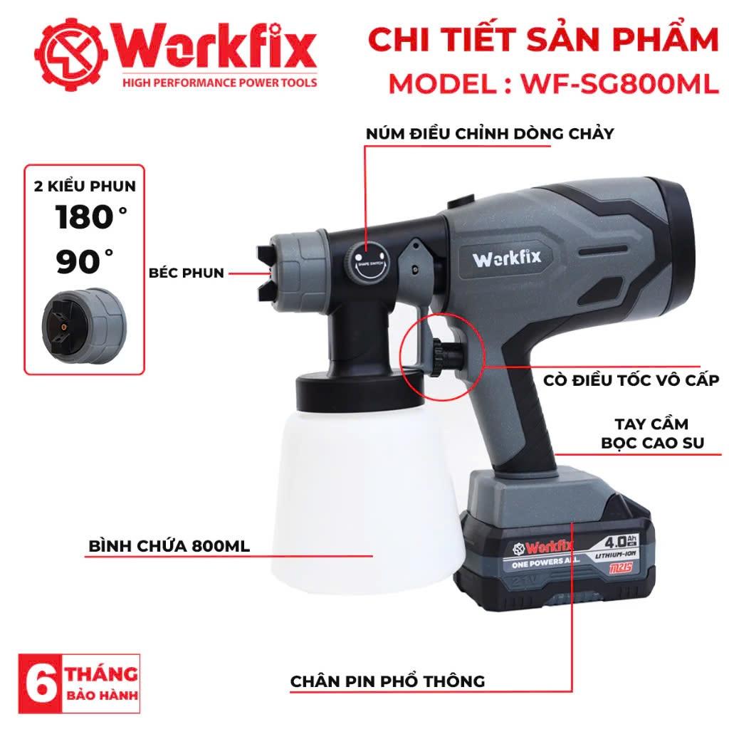 Máy phun sơn pin WORKFIX WF-SG800M, Bình 800ml - 650ml/phút, 2 Kiểu phun - Bảo hành 12 tháng