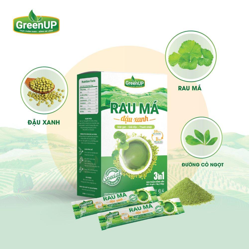 Bột Rau Má Đậu Xanh GreenUp - 1 Hộp 180g - (18g x10 gói) - Rau Má Tươi Tươi Nguyên Chất - RMDXH01