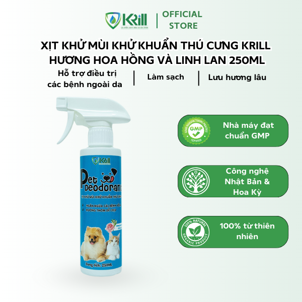 Xịt khử mùi khử khuẩn thú cưng KRILL hương Hoa Hồng và Linh Lan 250ml hỗ trợ điều trị các bệnh ngoài da, làm sạch, lưu hương lâu