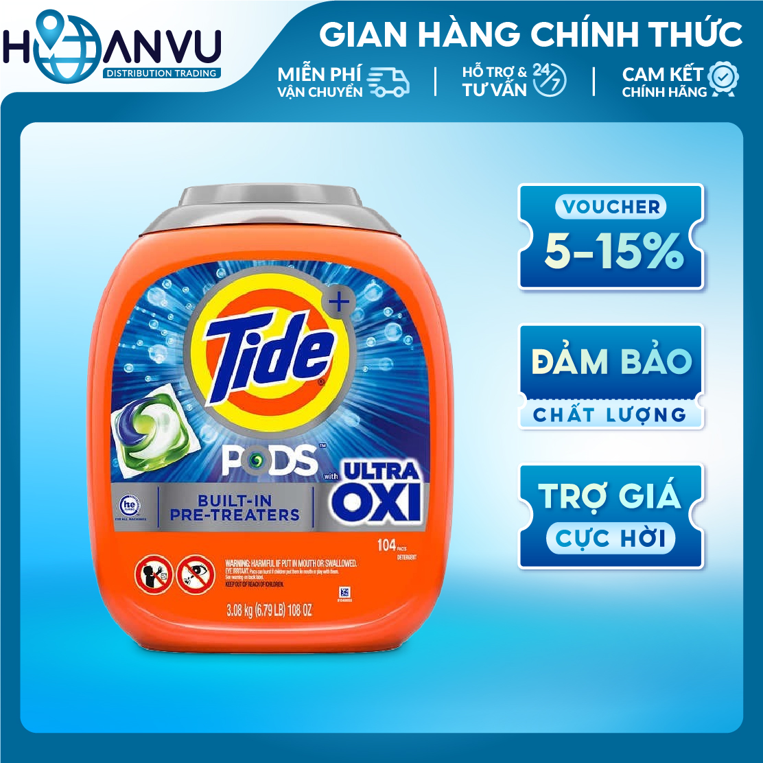 Bình viên giặt Tide Pods Plus Ultra Oxi 4in1 104 viên - Nhập khẩu Mỹ