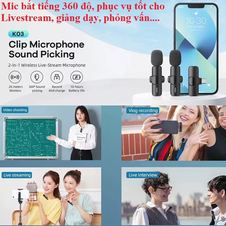 Micro thu âm không dây có kẹp cài áo kết nối type-C / iP Remax K03 / K02 -  Hàng chính hãng