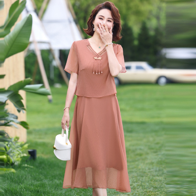Váy Voan Mùa Hè Ngắn Tay Cổ Chữ V Của Mẹ VH105 - Hàng Quảng Châu Cao Cấp