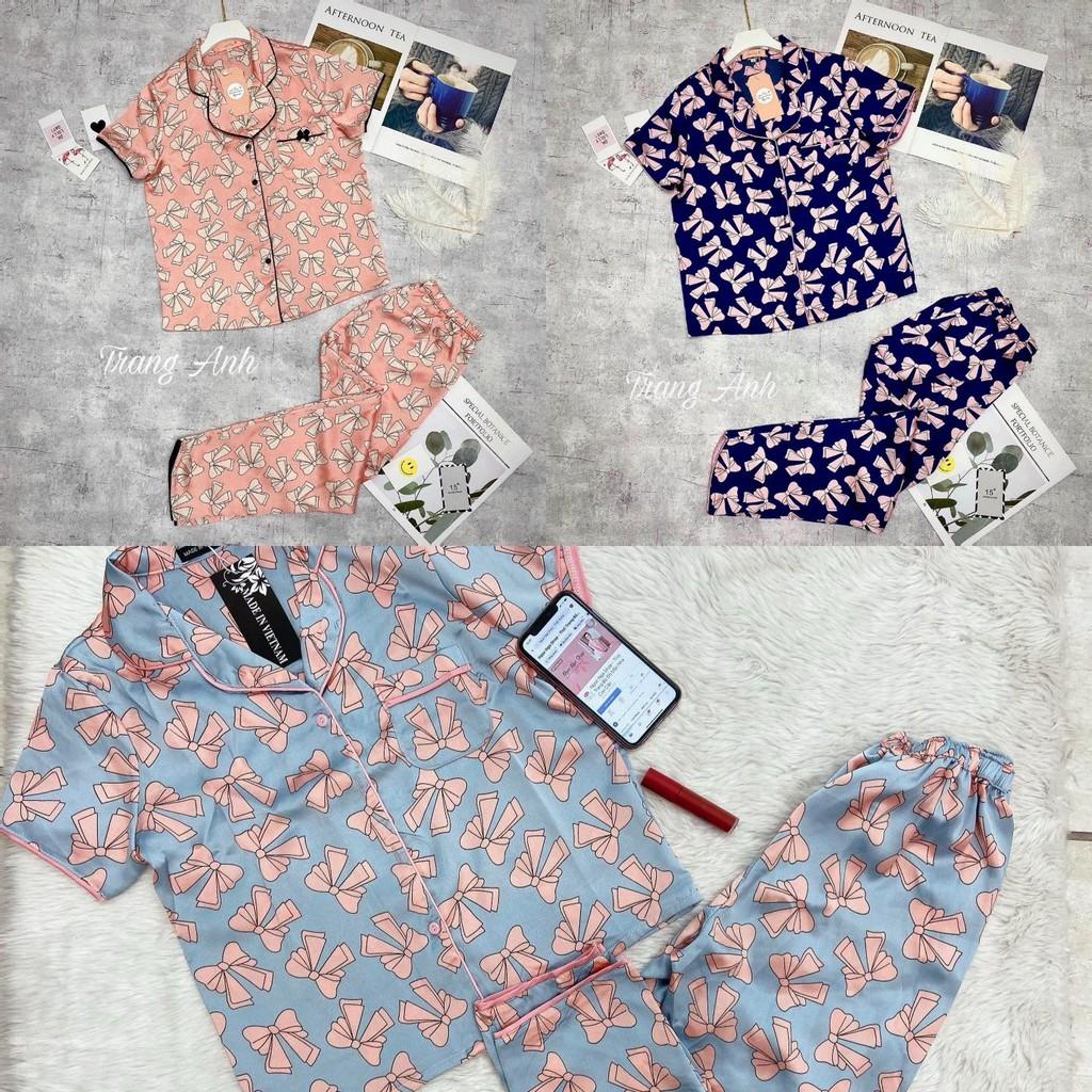 Đồ ngủ pijama lụa Satin cao cấp. Set bộ mặc nhà chất liệu siêu mềm mịn, thoáng mát - họa tiết trái tim siêu dễ thương