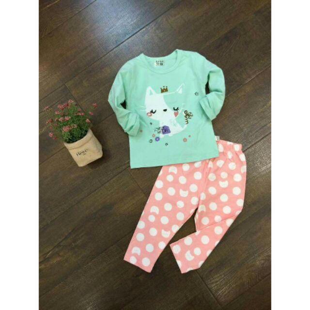 Bộ cotton áo mèo xanh quần chấm bi bé gái