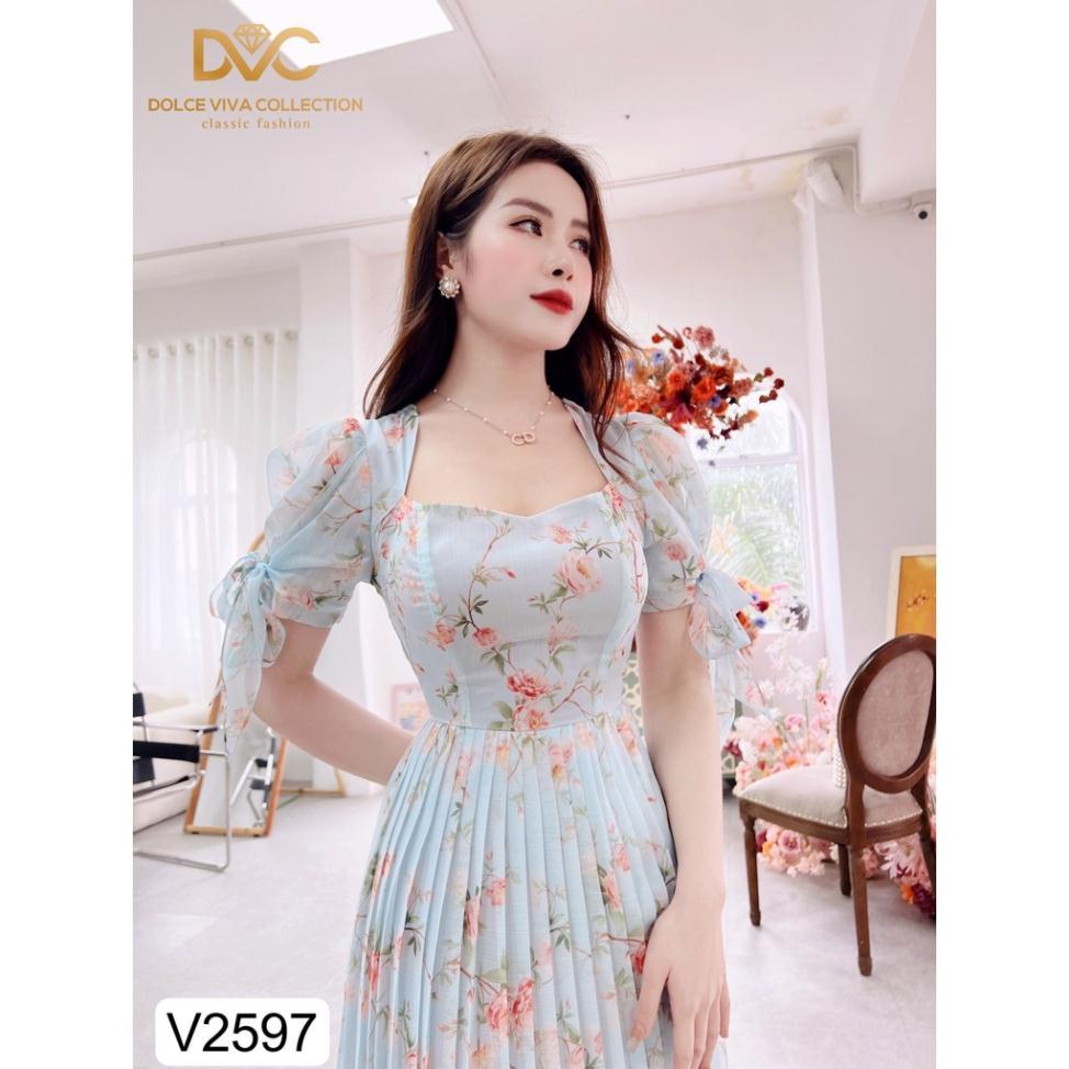 VÁY HOA XANH TAY BUỘC NƠ V2597 Đẹp Shop DVC