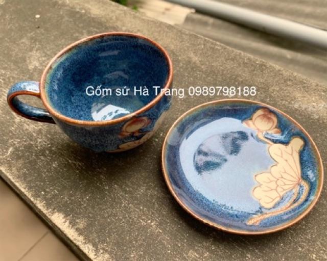 Set cốc capuchino gốm sứ Bát Tràng cao cấp men hoả biến thiên thanh hoạ tiết sen chìm