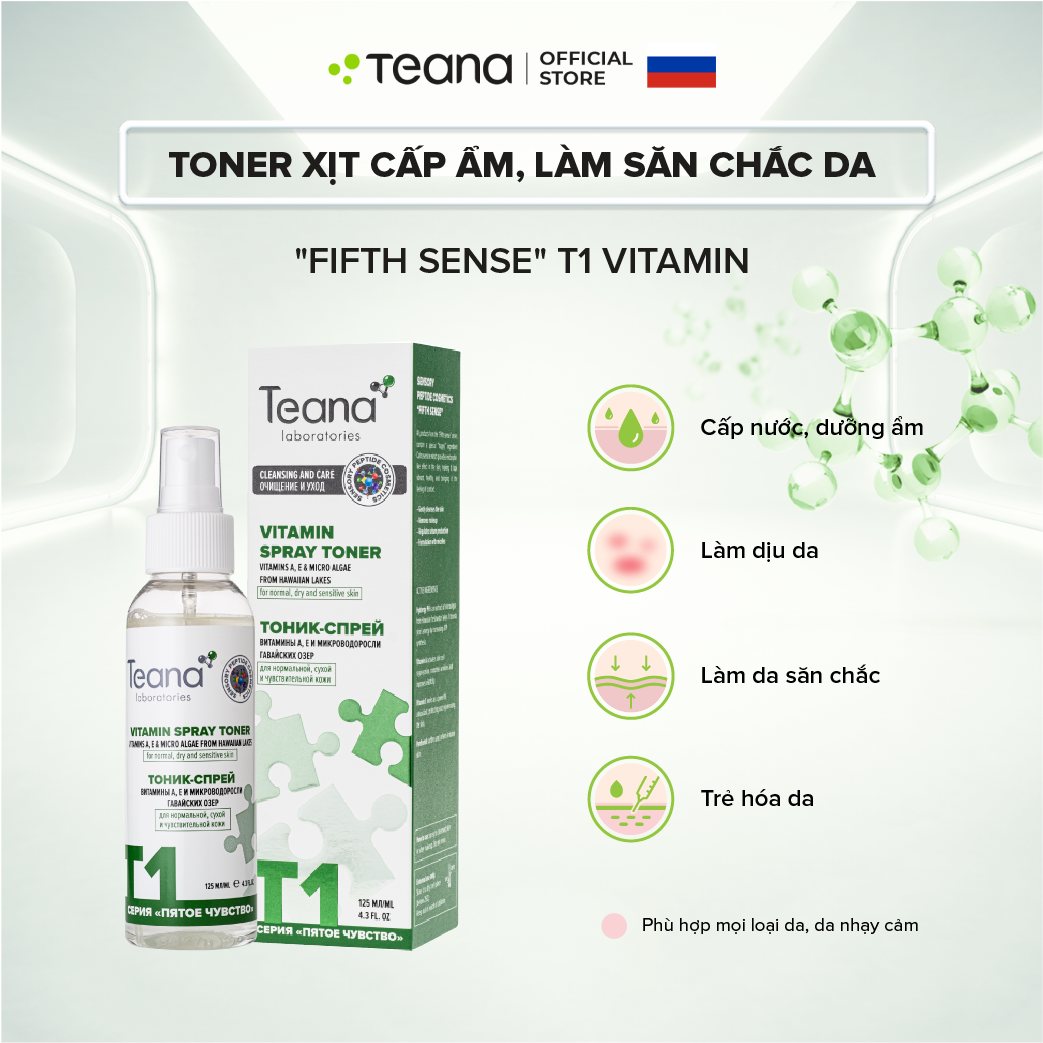 Toner Teana &quot;Fifth Sense&quot; T1 Vitamin Spray dạng xịt cấp ẩm, làm săn chắc da với chiết xuất tảo vi sinh và vitamin A, E