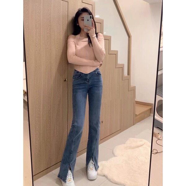 Quần jeans nữ loe xẻ gấu 3 màu hack dáng cạp cao co dãn