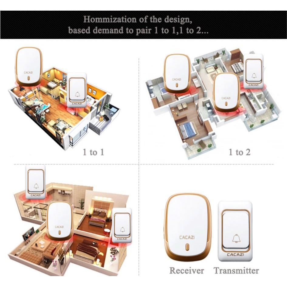 Chuông Cửa Không Dây CACAZI Cao Cấp - 36 Kiểu Nhạc - 3 Mức Âm Lượng - Bắt Tín Hiệu Xa 300 Mét