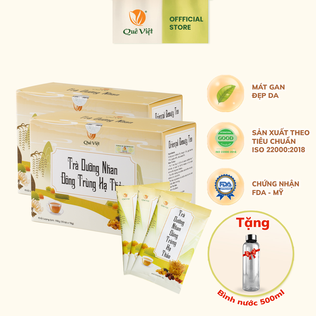 Combo 2 hộp - Trà dưỡng nhan đông trùng hạ thảo Quê Việt + tặng 1 mặt nạ Hàn Quốc ( prettyskin) ngẫu nhiên - Hộp 150g (10g x 15 túi) Nước Trà Chè Tea