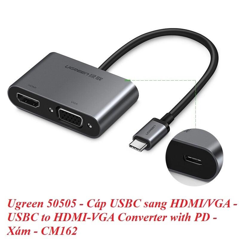 Ugreen UG50505CM162TK 15CM màu Xám Bộ chuyển đổi TYPE C sang HDMI + VGA + Usb3.0 + hỗ trợ nguồn PD TYPE C - HÀNG CHÍNH HÃNG