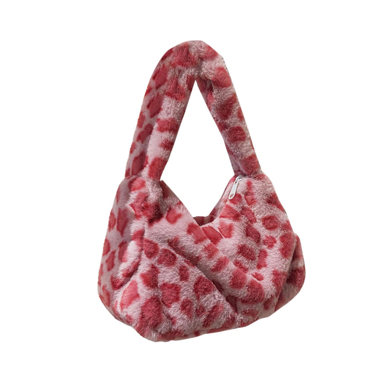 Fashion Plush Shoulder Bag Lady Casual Tote Underarm Bag Lightweight Small Purse Leopard Pattern Handbag for Travel Work