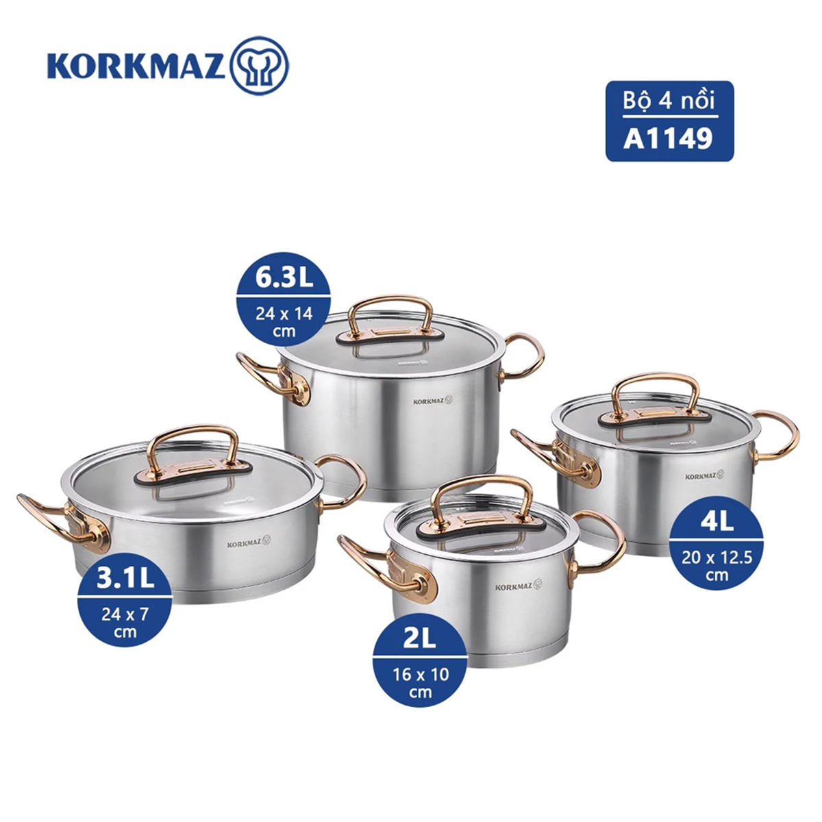 Bộ 4 nồi inox 18/10 Korkmaz Proline tay nắm màu hồng (nồi 2 lít/3.8 lít/6.3 lít/nồi thấp 3.1 lít)