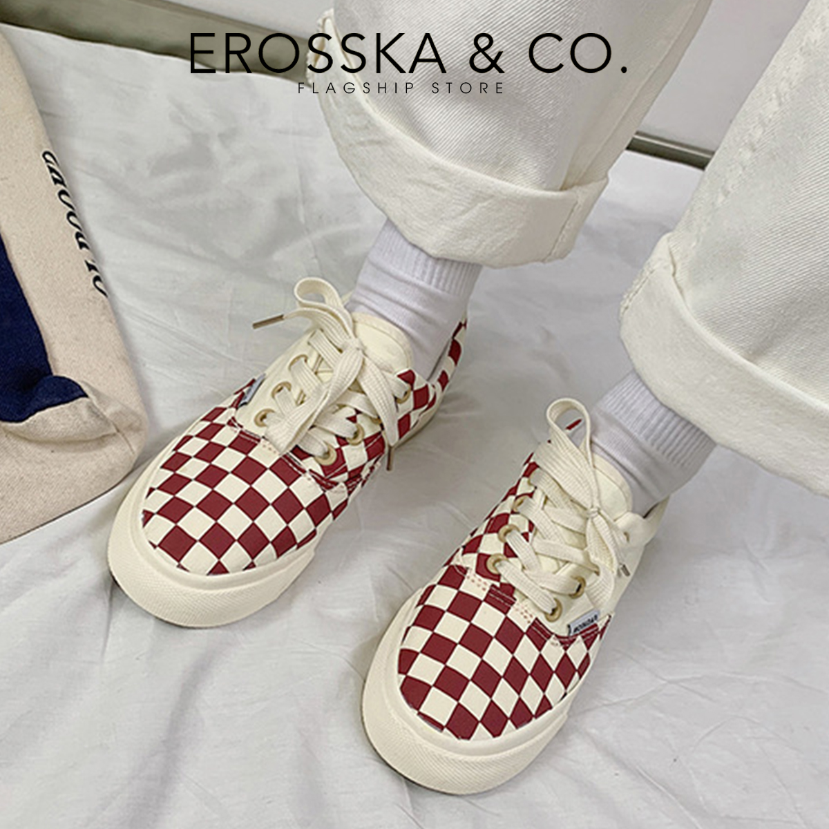 Erosska - Giày sneaker nữ đế bánh mì hoạ tiết caro cá tính- GS016