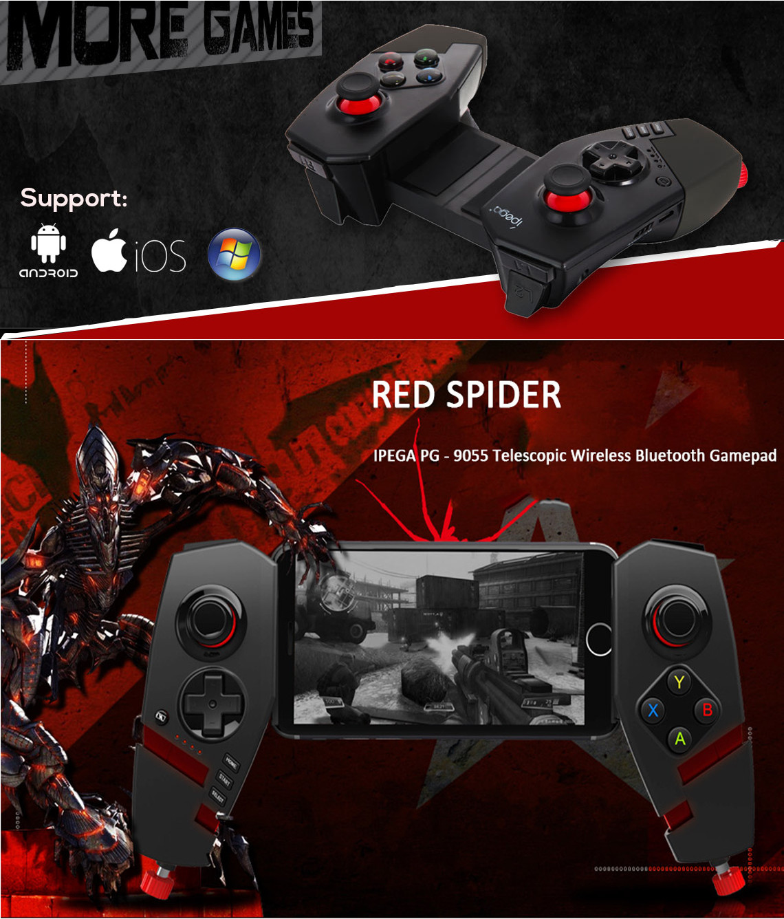 Tay Cầm Chơi Game Bluetooth Ipega PG-9055 Red Spider Hỗ Trợ PC Android Cao Cấp AZONE - Hàng Nhập Khẩu