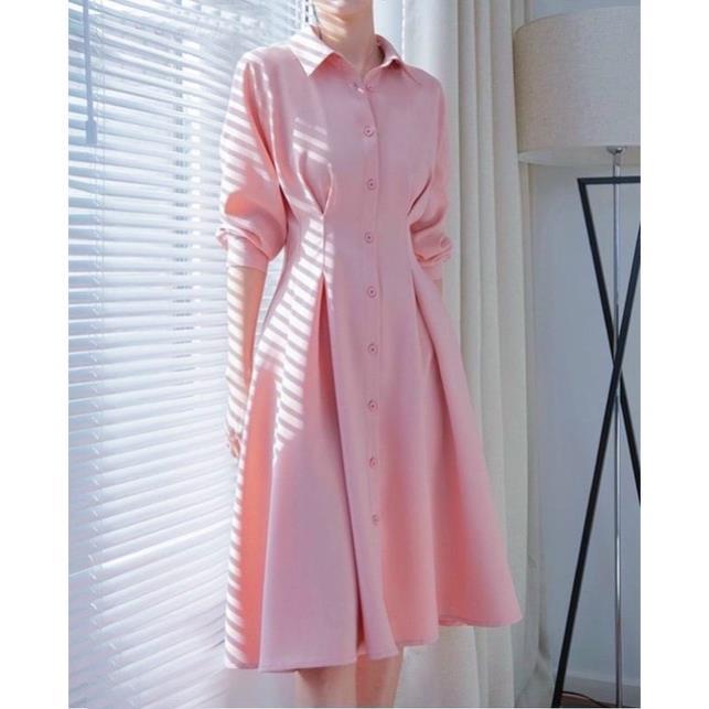 X2 Đầm công sở sơ mi hồng xếp li eo váy dáng xòe dự tiệc tay dài chiết eo tôn dáng thanh lịch