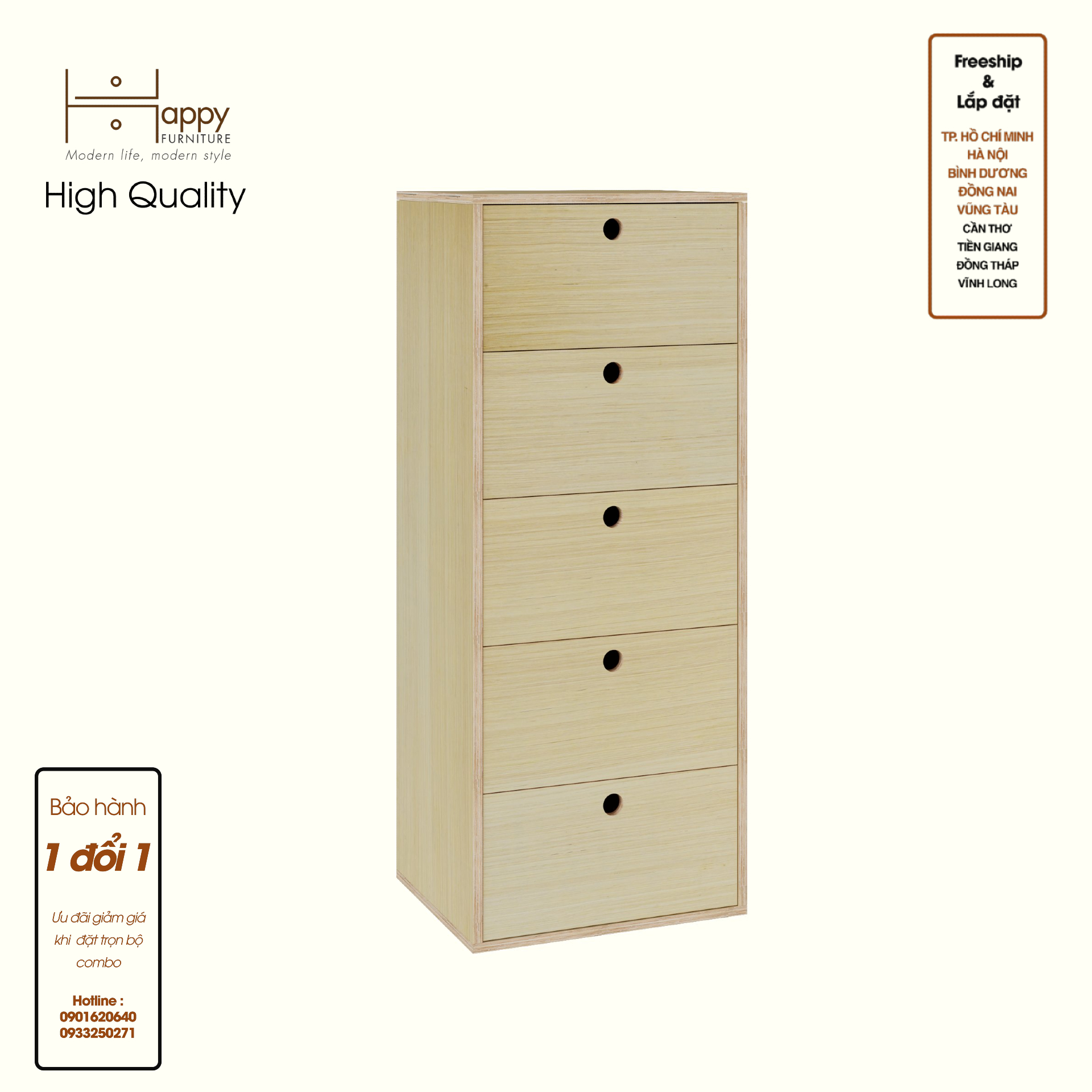 HAPPY FURNITURE , Gỗ tự nhiên , Tủ lưu trữ 5 ngăn kéo gỗ Plywood - SANARI , THK_199 , 54cm x 45cm x 134cm DxRxC