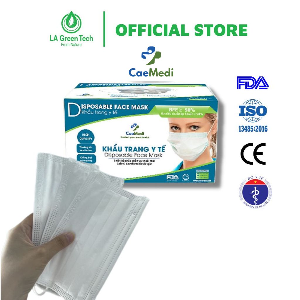 Khẩu trang y tế CAEMEDI 3 lớp trắng cao cấp, kháng khuẩn, lọc bụi bẩn đạt chuẩn BFE, FDA xuất khẩu Châu Âu - Hộp 50 cái