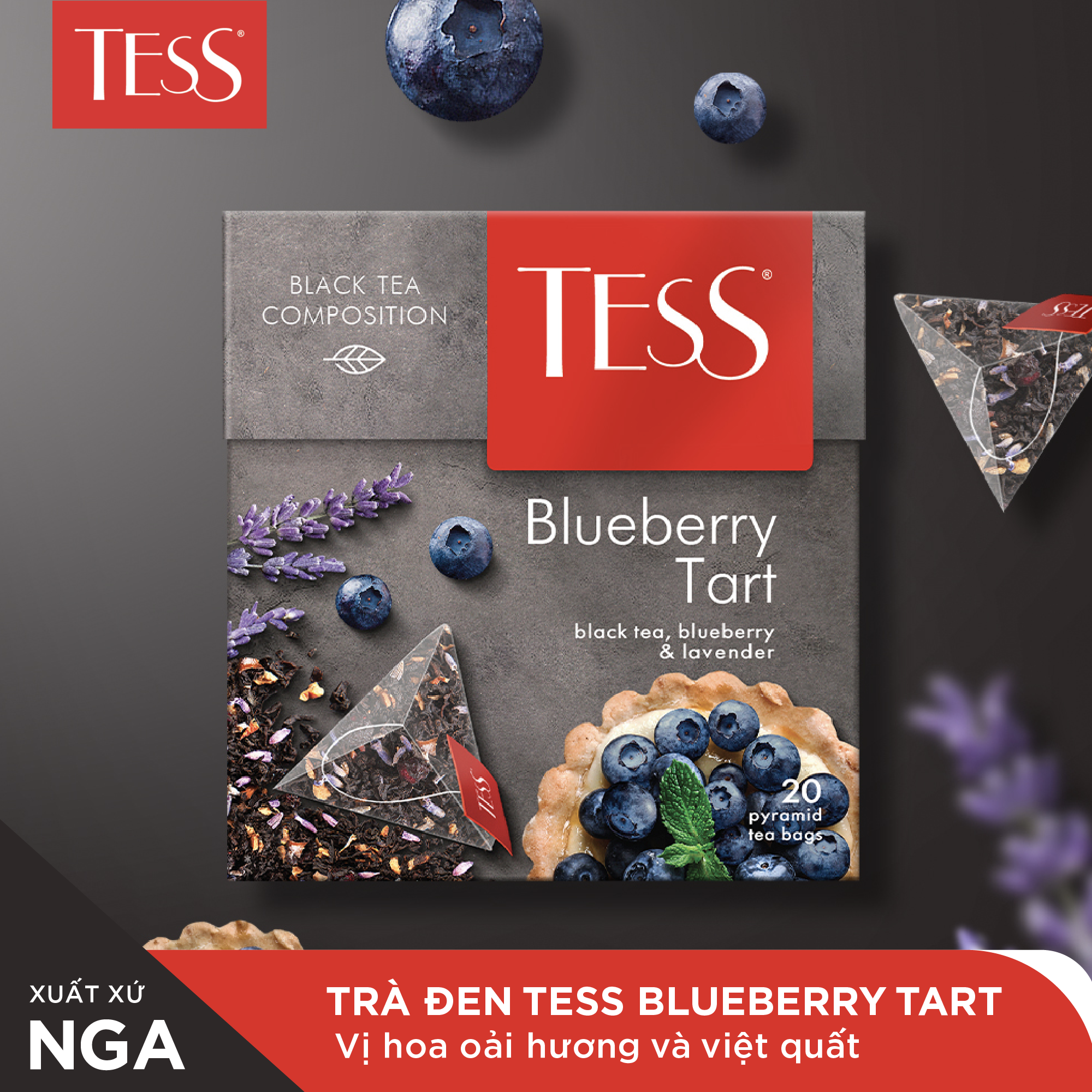 Combo 12 hộp Trà đen Tess Blueberry Tart vị hoa oải hương và việt quất 20 gói/hộp