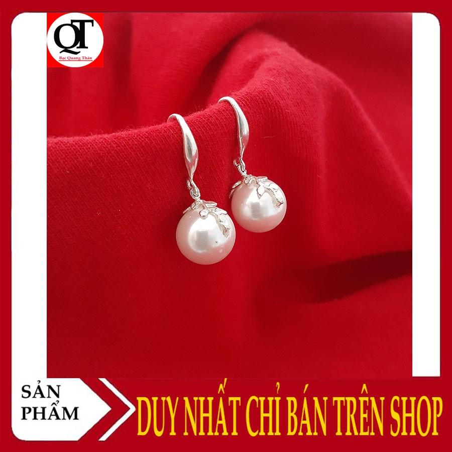 Bông tai bạc nữ ngọc nhân tạo màu trắng size 10ly giáng dài 100% chất liệu bạc thật Bạc Quang Thản - QTBT21