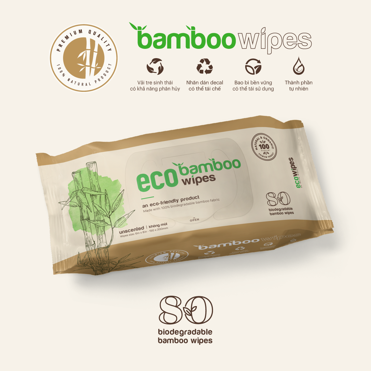 Khăn giấy ướt cao cấp EcoWipes gói 80 tờ vải sợi tre sinh thái Bamboo không mùi có thể phân hủy