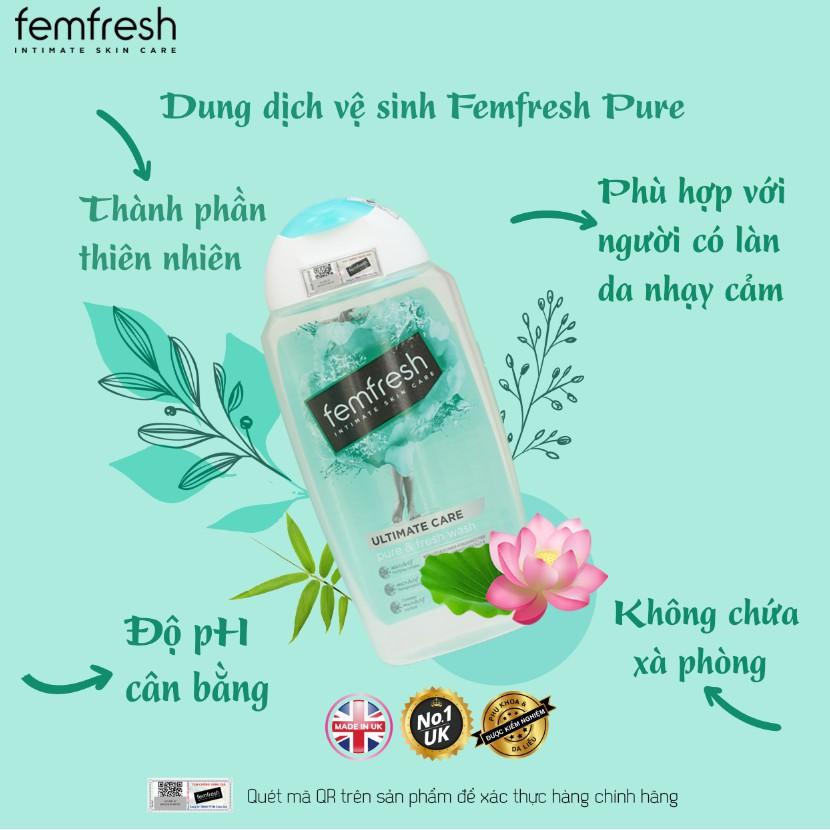 Dung dịch vệ sinh cao cấp cho da nhạy cảm Femfresh Pure &amp; Fresh Wash 250ml - Xanh Lá