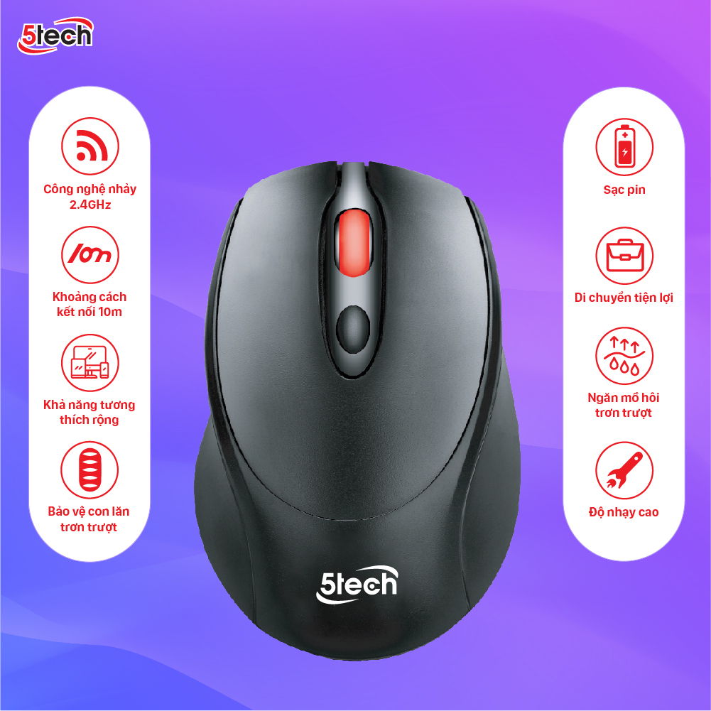 Chuột không dây 5TECH, chuột gaming wireless 2.4Ghz chuột quang sạc pin siêu nhạy cho máy tính, laptop,chất liệu nhựa ABS cao cấp hàng chính hãng