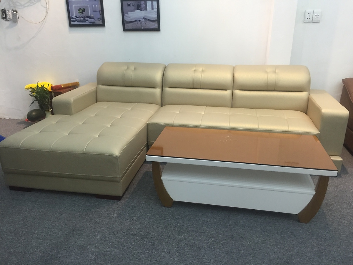 Sofa da góc L Tundo 2m5 x 1m6 tay vuông màu kem có thể chọn màu