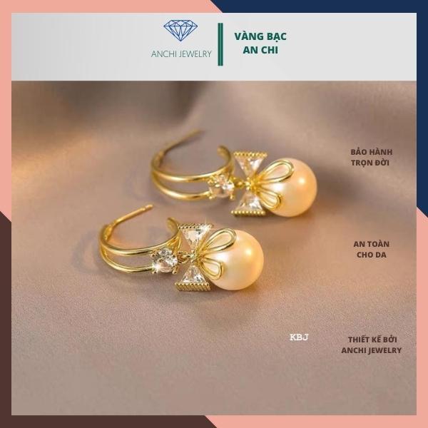 Khuyên tai bạc nữ, bông tai đính hạt trai thời trang Anchi jewelry