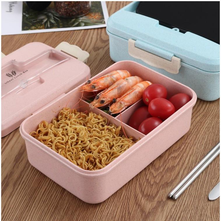 Hộp cơm lúa mạch 3 ngăn kèm đũa thìa inox