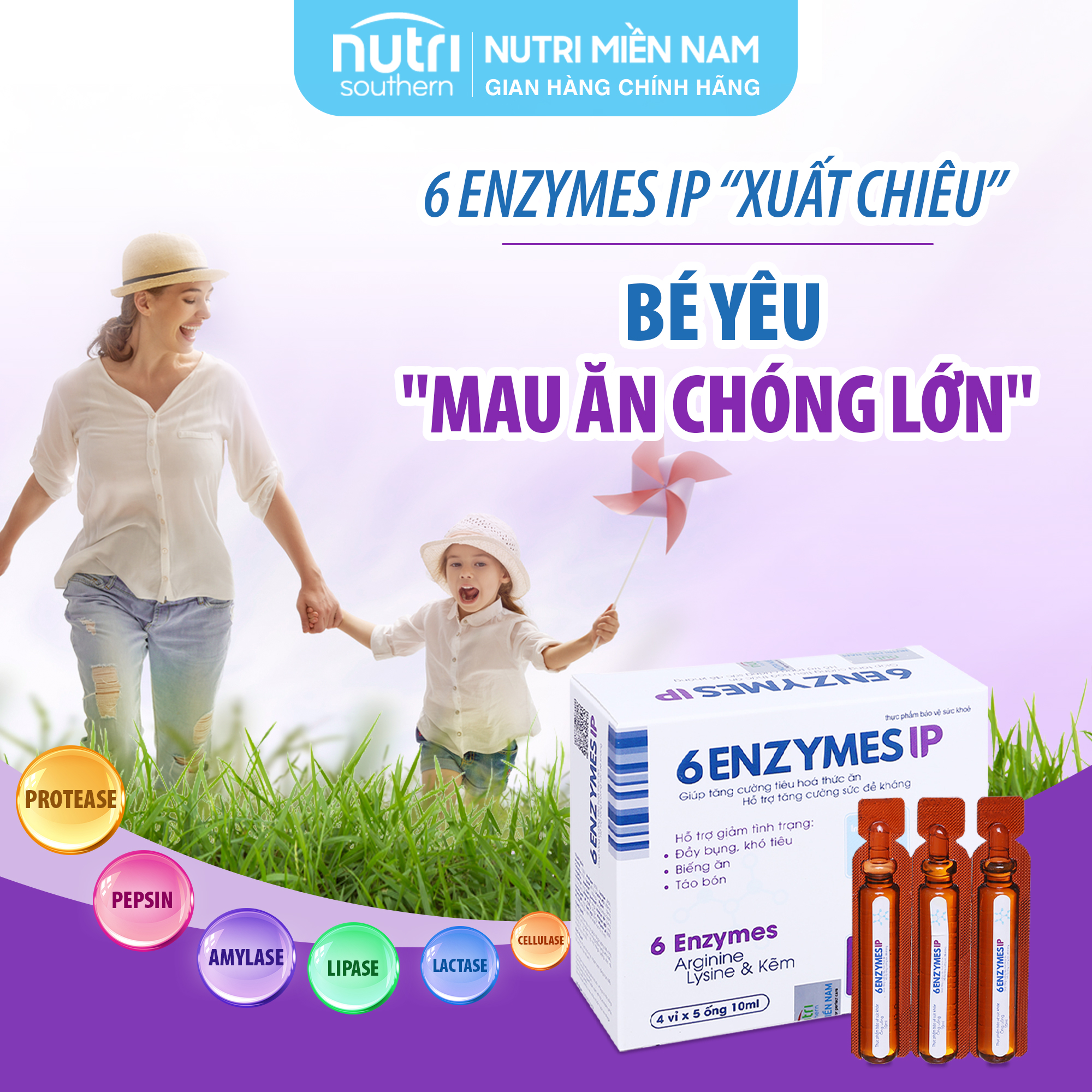 Men tiêu hóa 6 ENZYMES IP - Hỗ trợ tăng cường tiêu hóa với 6 loại enzyme thiết yếu, giúp ăn ngon, giảm táo bón (hộp 20 ống x 10ml)