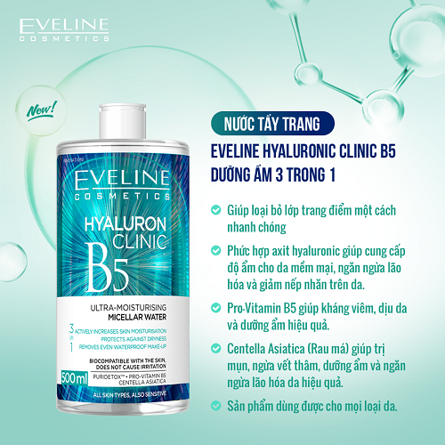 Nước tẩy trang Eveline Hyaluronic Clinic B5 ngăn ngừa mụn lão hóa và dưỡng ẩm da 500ml