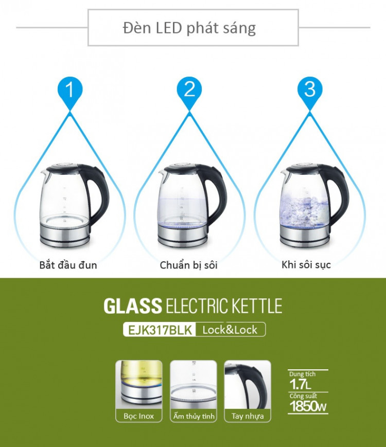 Ấm Điện Đun Nước Bằng Thủy Tinh Lock&Lock EJK317BLK