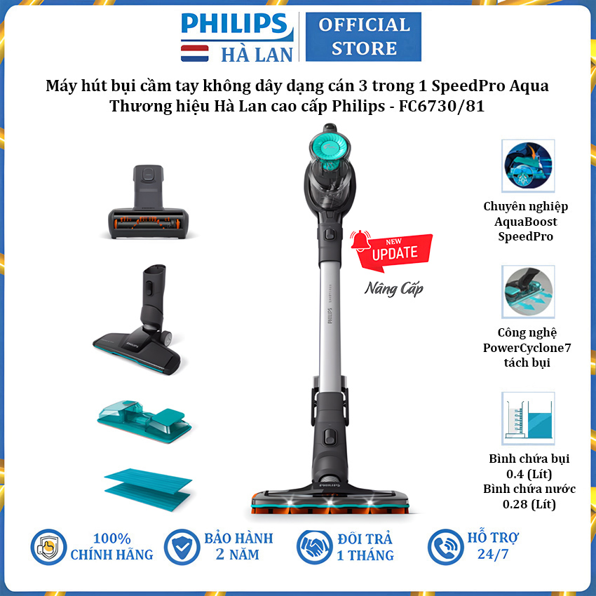 Máy hút bụi cầm tay không dây dạng cán 3 trong 1 SpeedPro Aqua thương hiệu Philips FC6730/81 - Hàng Chính Hãng